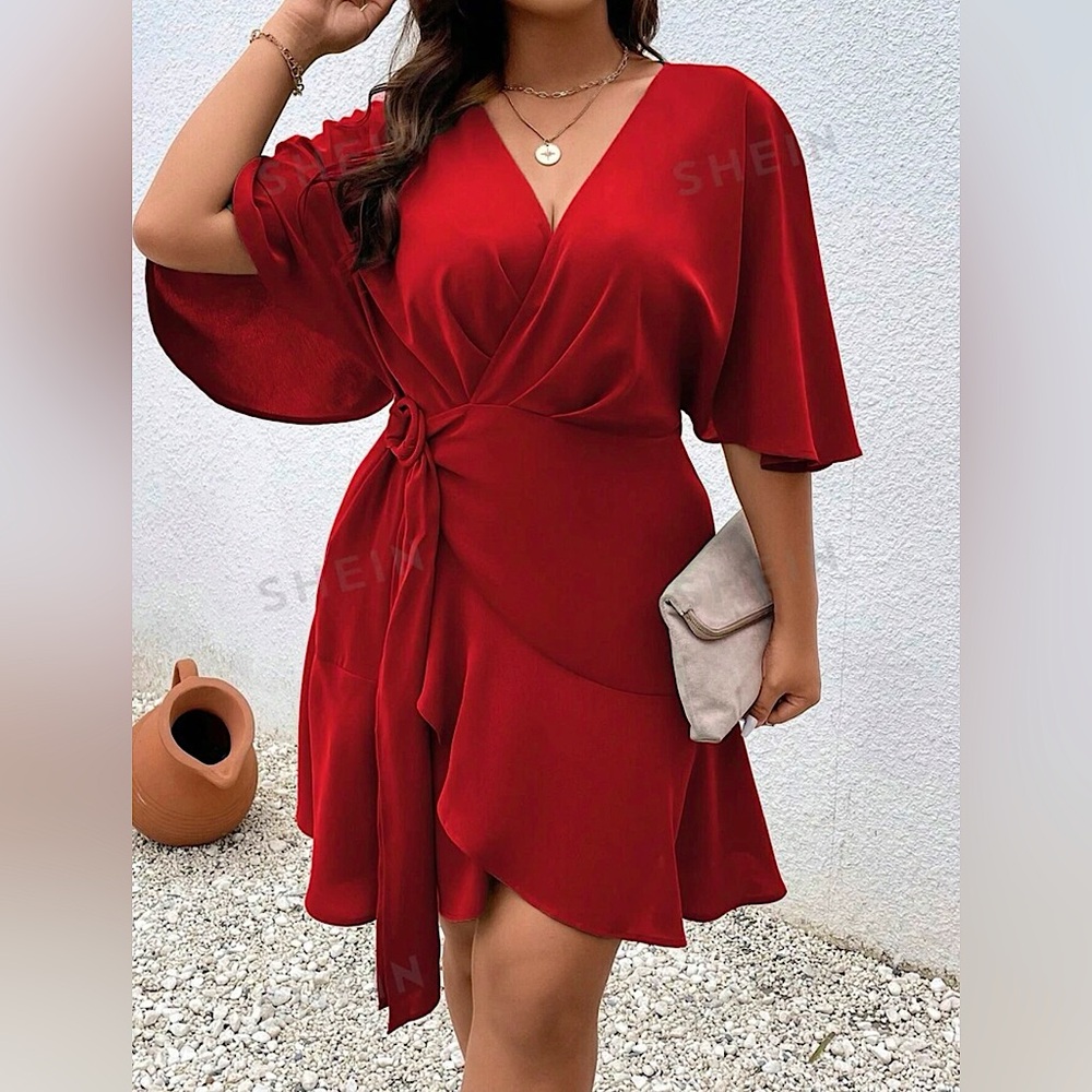 Red Wrap Style Dress Flutter Sleeve | 🔥